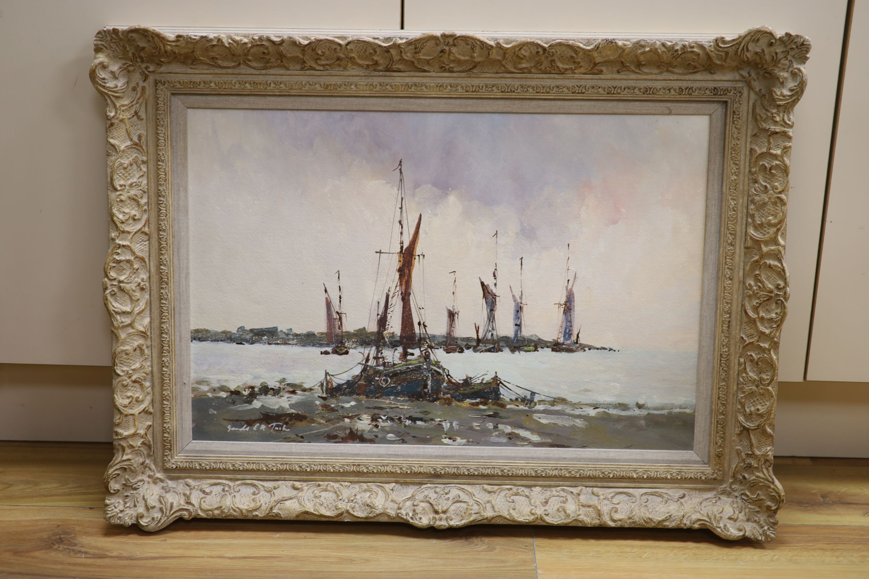 Gerald E. R. Tush, oil on board, Fishing boats along the coast, signed, 40 x 60cm